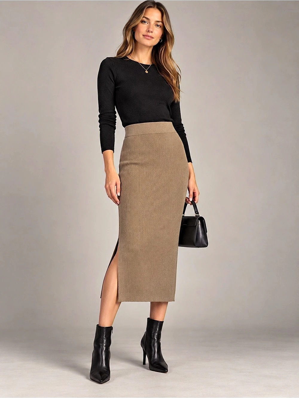 Dynamite Camel Taupe Ribbed Knit Midi Skirt Side Slit XS